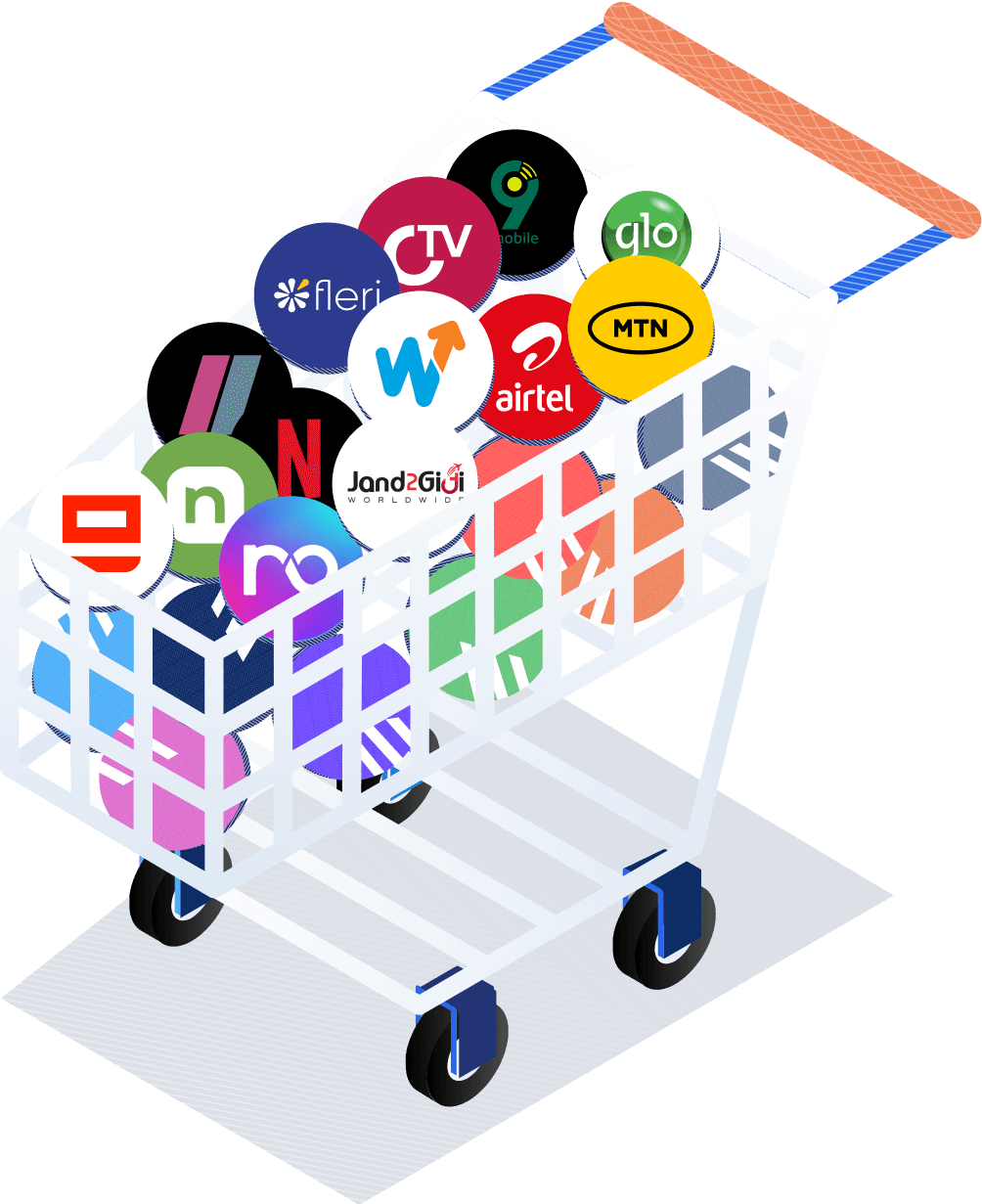 illustation of a shopping filled with circular chips of various mobile networks
